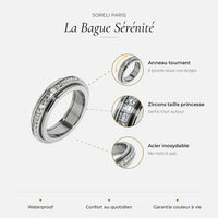 Bague Sérénité – détails : anneau tournant, zircons, acier inoxydable