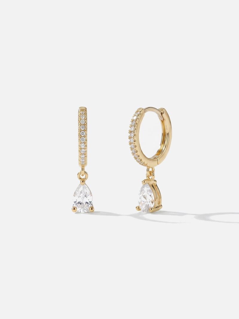 Boucles d'oreilles créoles pendantes goutte Boucle Gracieuse femme, zirconium, argent 925 plaqué or 18 carats, vue de face – Soreli Paris